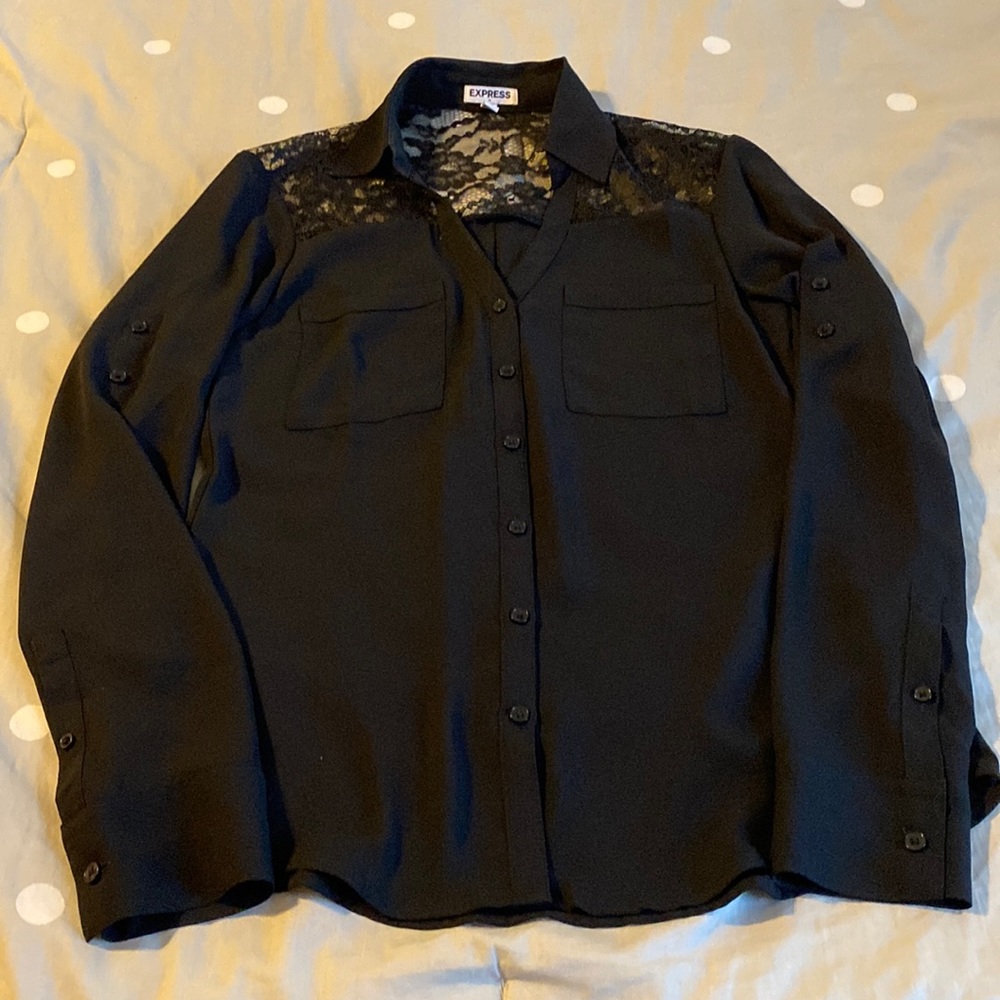 Express Black Button Down Lacy Blouse - image 1